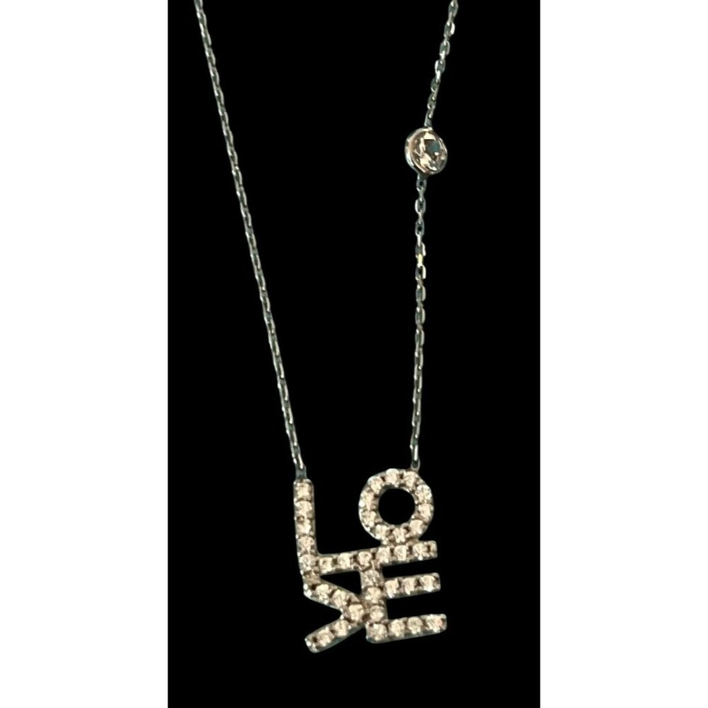 Sterling Silver LOVE Pendant Necklace With Rhinestone Accents & Adjustable Chain